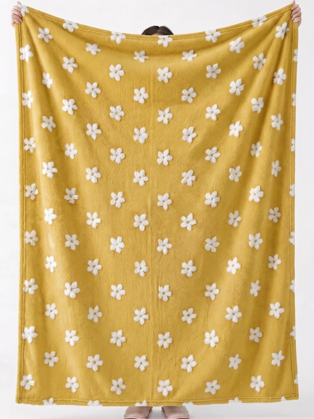 Golden Mustard Yellow + White 3D Floral Throw Plush Blanket Home Bedding 50x60